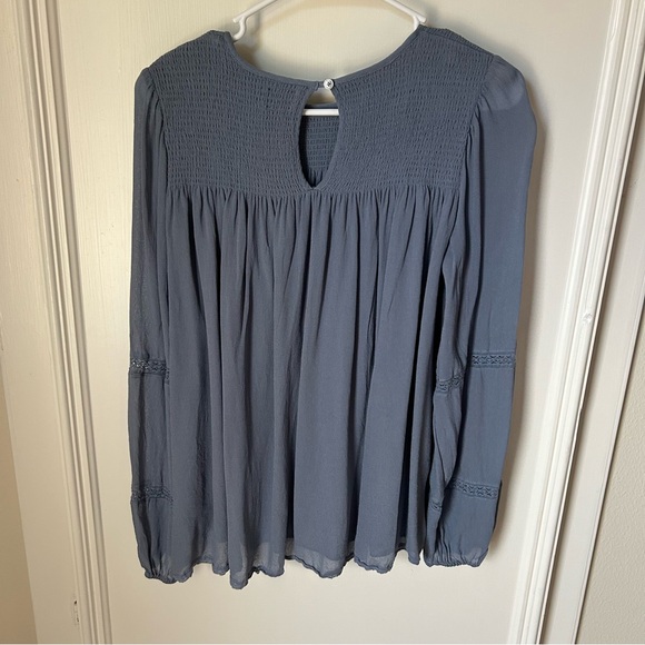 Aritzia Wilfred Ruthie Granite Blue Smocked Lace Long Sleeve Blouse Medium M - Picture 7 of 15
